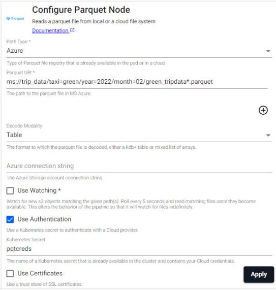 Configure the parquet node
