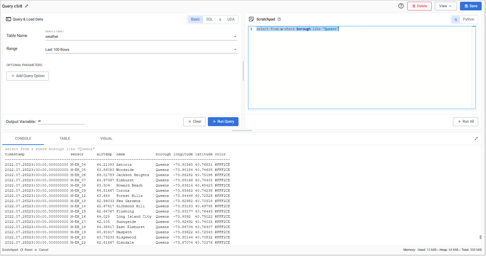 A scratchpad **q** query selecting crime data from the Bronx.
