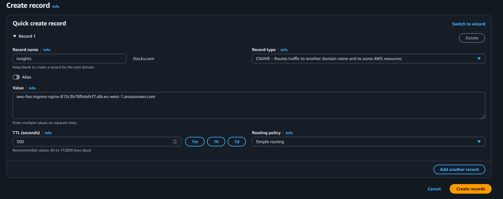 Amazon Web Servcies DNS record example