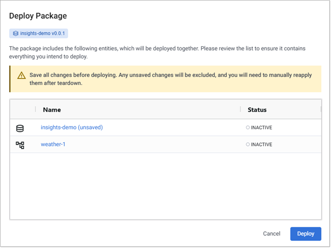 Deploy a package dialog