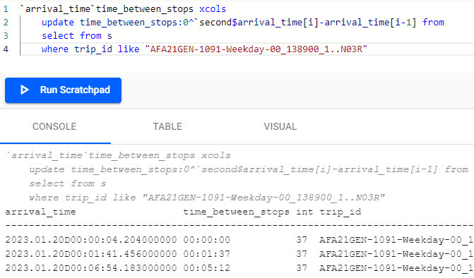 q for calculating average time between stops run in the scratchpad.