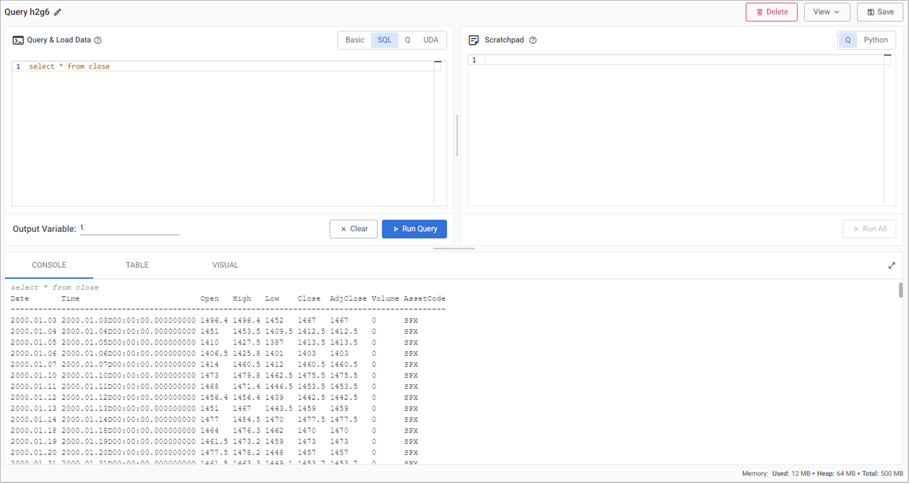 A SQL query reporting end-of-day S&P historic prices.