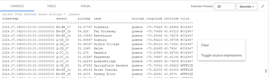 Console controls on right-click include clear and display code in console