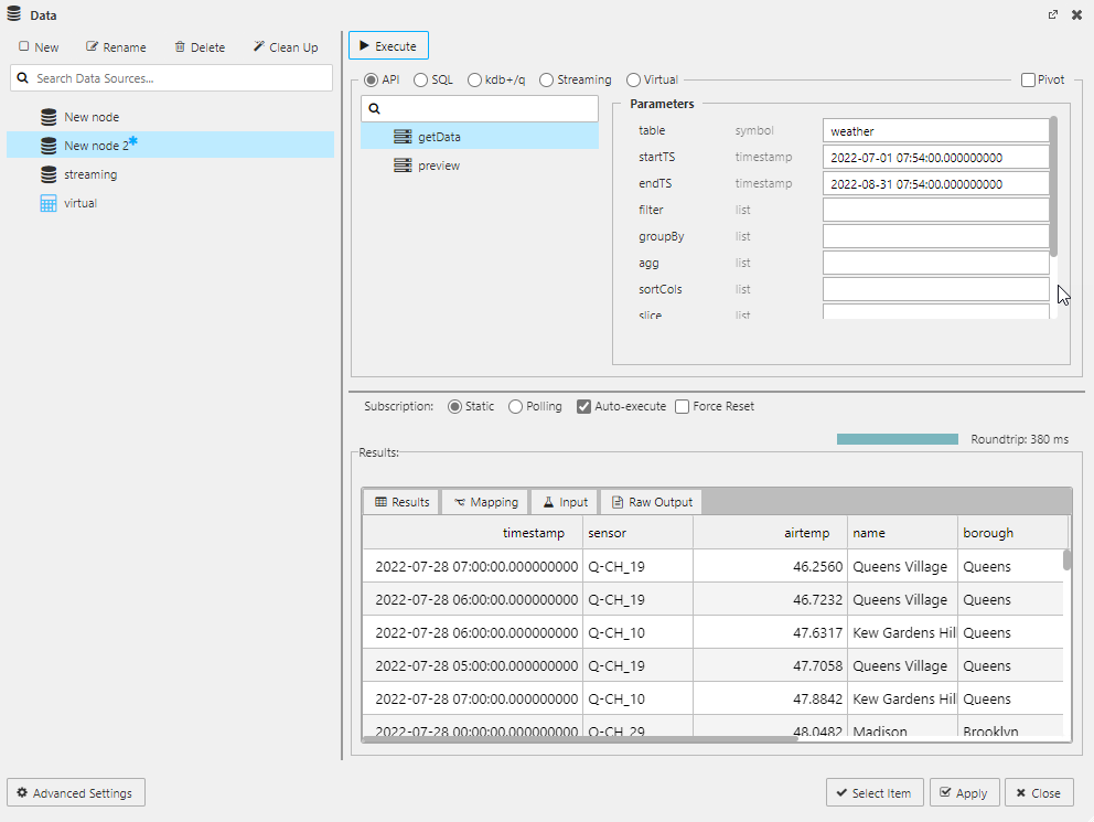 Querying data with the API. Select database table name and define the **startTS** and **endTS** as found in the data Timestamp column.