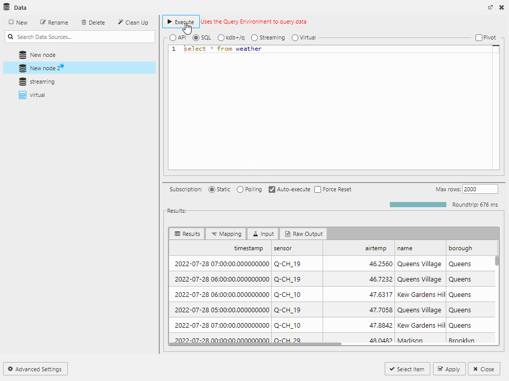 Querying data with the SQL editor. Use a simple "select * from tablename" as a starter.