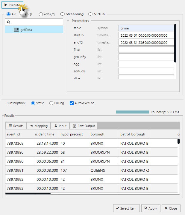 Execute to run a query. Results will load in the lower panel of the editor dialog.