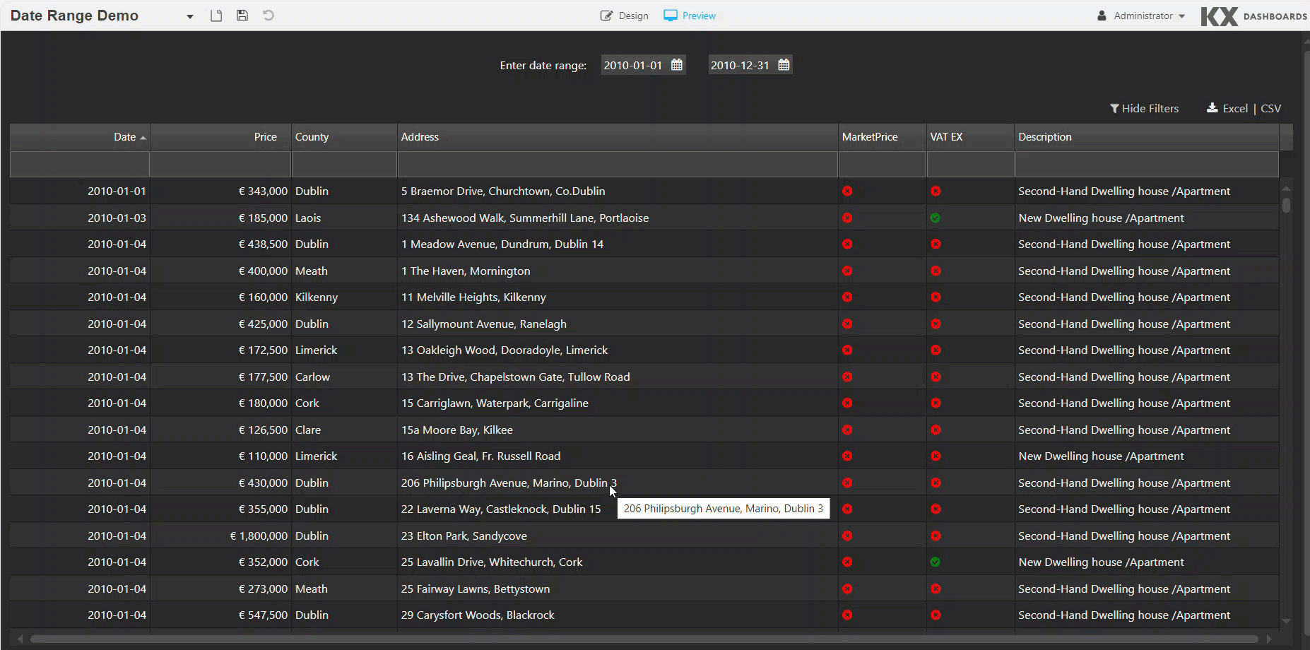 Date Range Picker providing input to a data  grid