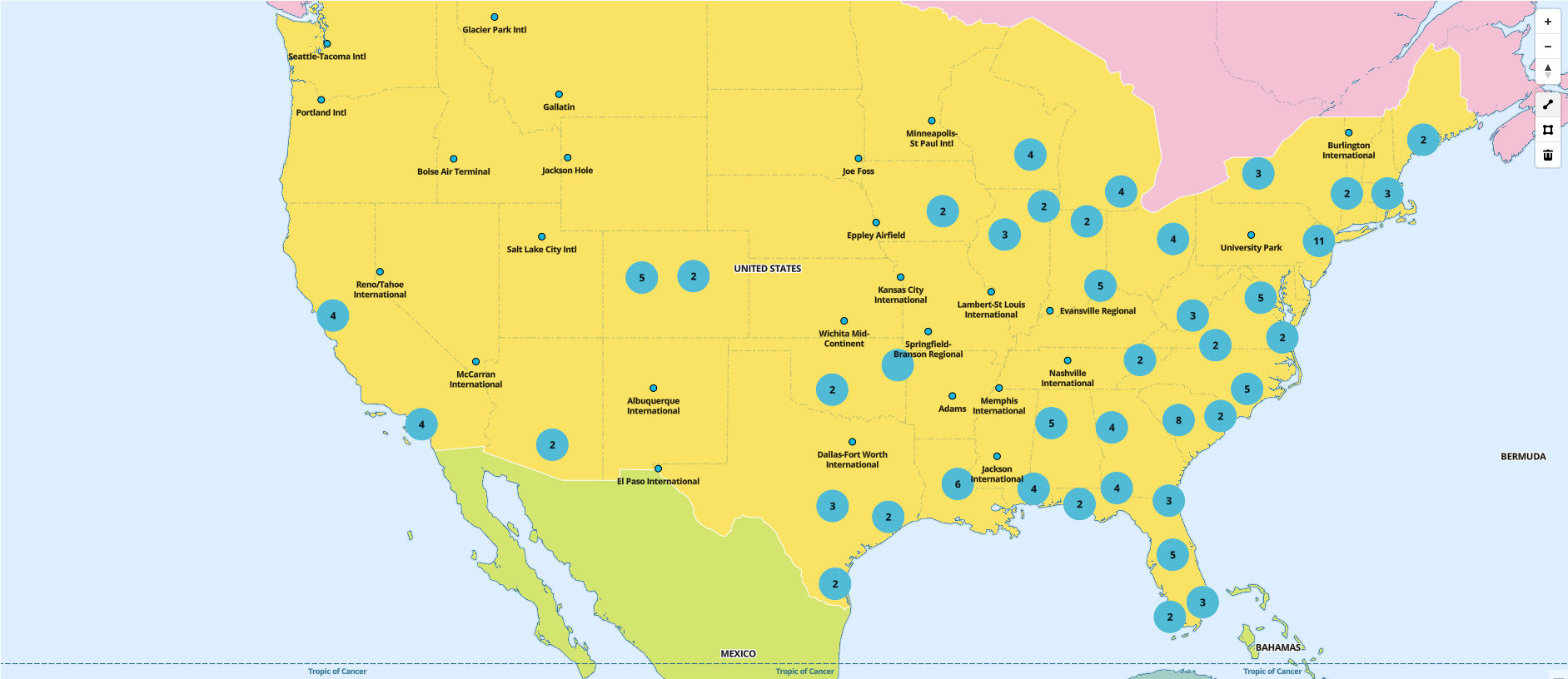 A map with circles showing clustering