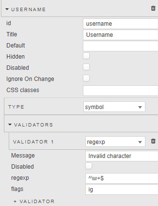 Symbol field with a regexp validator checking for alphanumeric characters only